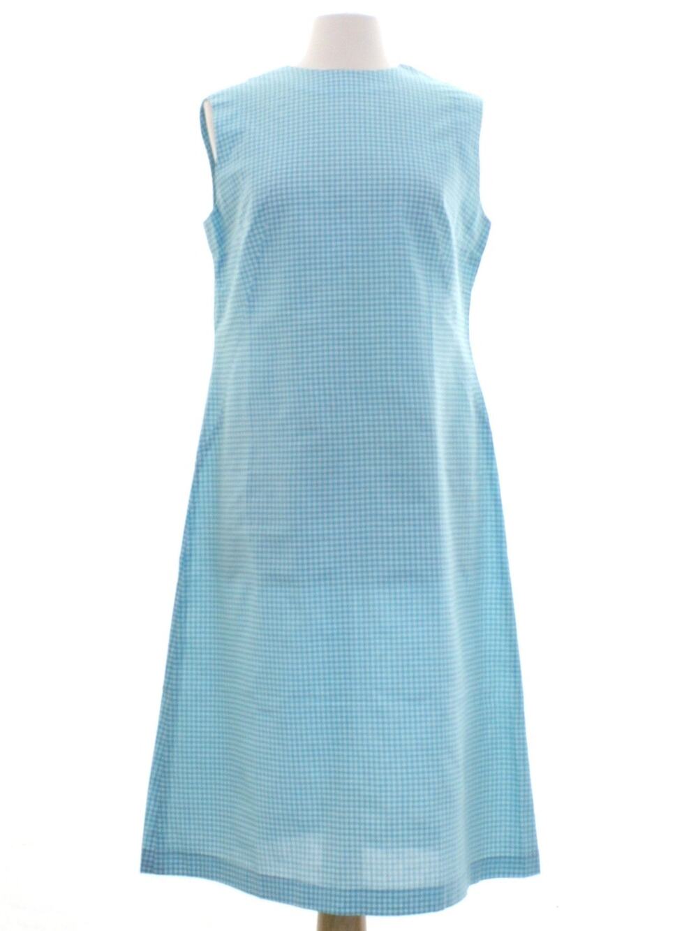Vintage 70s Blue Gingham Midi Dress Sleeveless Cotton Blend Women's Medium
